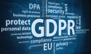 Blue page with many words relating to data protection including a prominent GDPR